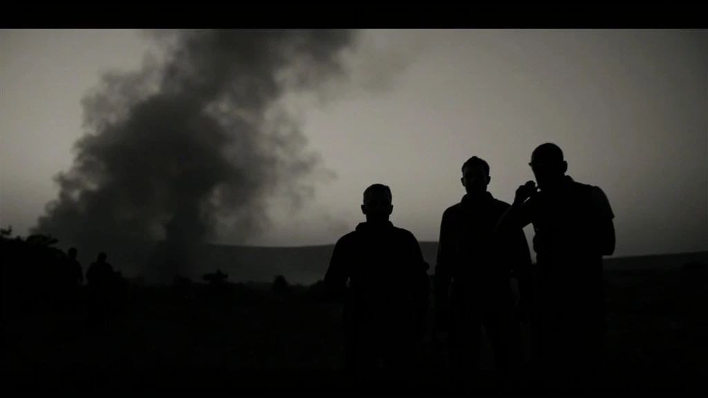 A Frontline Movie camera crew embedded in a conflict zone at dusk, packing out after a shoot.